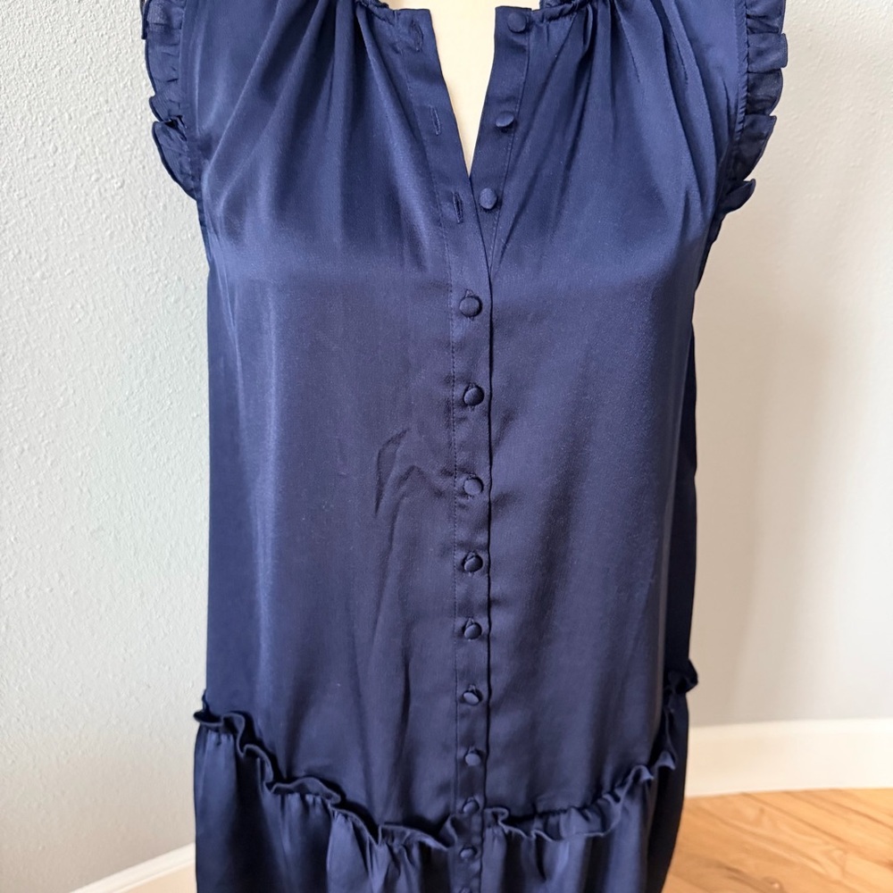 Halogen Ruffle Trim Button Down Satin Dress Classic Navy Blue Size Medium - Picture 2 of 13